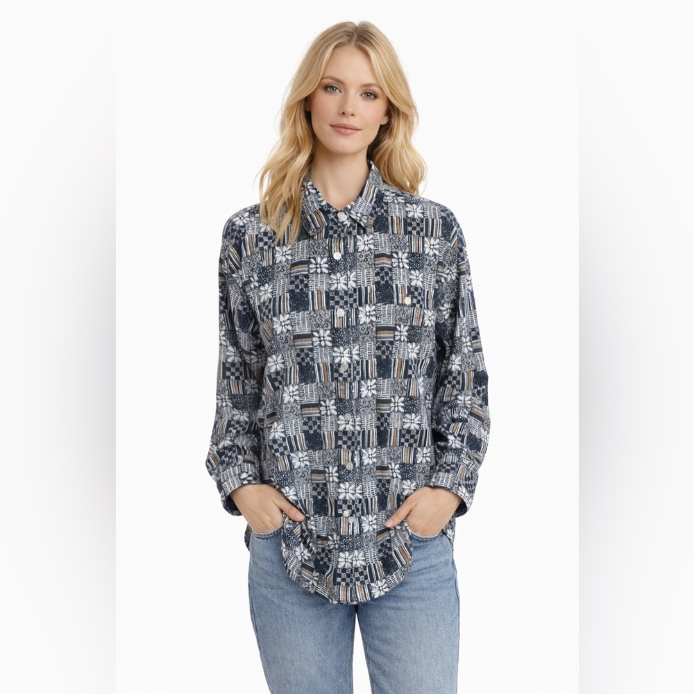 Vintage 90s Ilio Patchwork Print Button Up Shirt Boho Grunge Cottagecore